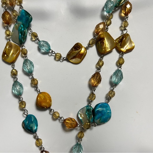 Brunt Orange Shell And Blue Beaded Layered Necklace - Picture 2 of 3